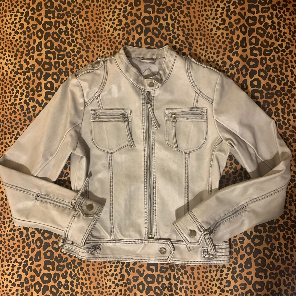 Faux white grey leather cafe moto jacket medium